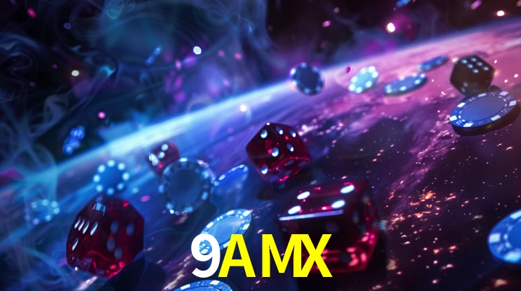 Una escena digital vívida inspirada en casino con 9AMX mostrado prominentemente, luces brillantes, fichas, cartas y acentos dorados.