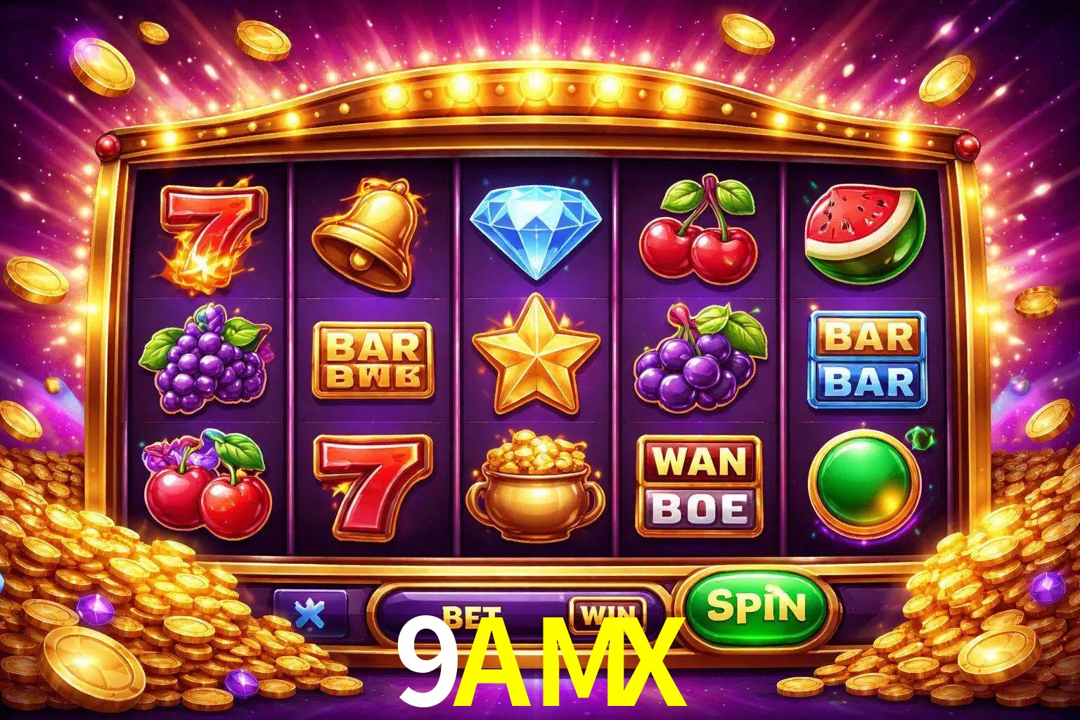 Una interfaz colorida de tragamonedas en línea con símbolos brillantes, monedas y un efecto de victoria celebratoria en 9AMX.