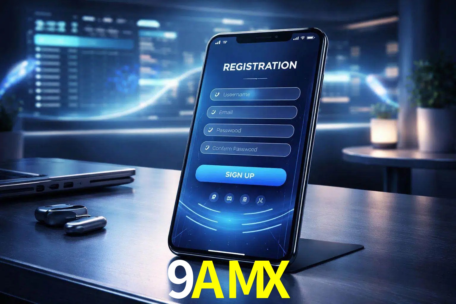 Una interfaz moderna de registro móvil para 9AMX mostrada en un smartphone con un panel de apuestas elegante.